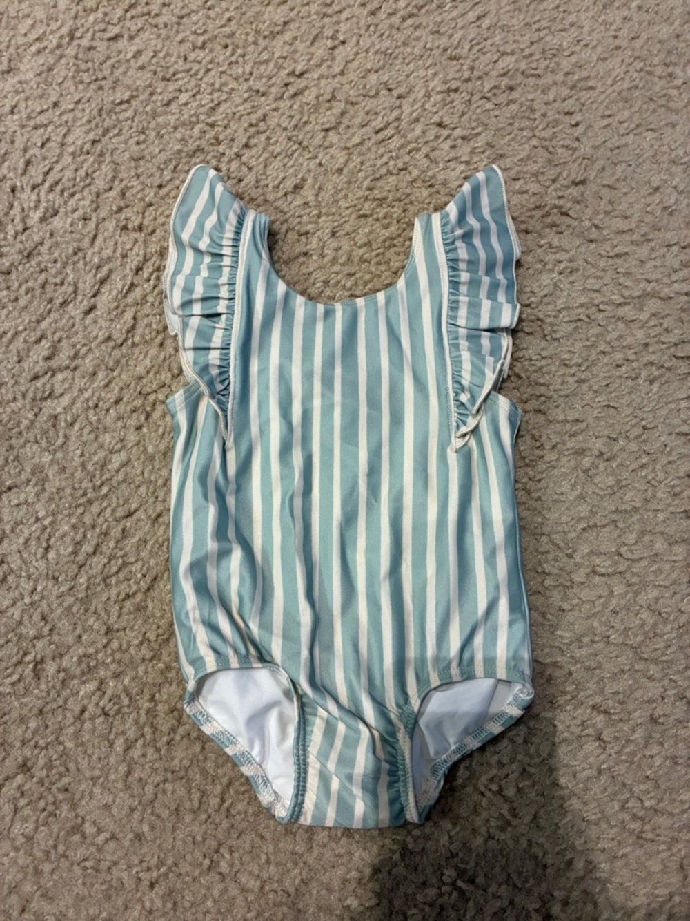 NEW Pehr 0-6m Girls' Mint & White Stripe Ruffle Shoulder One-Piece Swimsuit